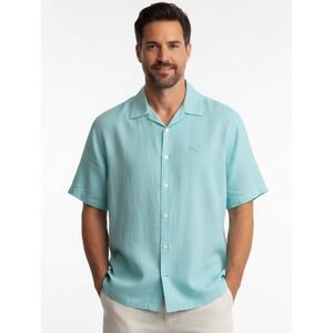 Tommy Bahama Men's 100% Cotton Camp Shirt L Aqua Blue Textured Slub Marlin Logo